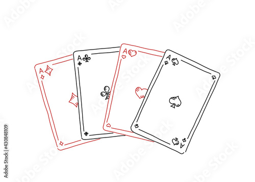 Four of a kind. Poker quads. Four aces. Good luck in the game. Playing cards. Hand drawn sketch line.