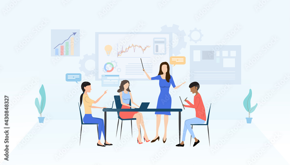Group of office workers sitting at desks and communicating or talking to each other. Dialogue or conversations between colleagues.Doing business through technology.vector illustration. Group of office workers sitting at desks and communicating or talking to each other. Dialogue or conversations between colleagues.Doing business through technology.vector illustration.