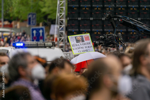 PRAGUE, CZECH REPUBLIC - APRIL 29, 2021: Demonstration against Zeman and Russian influence