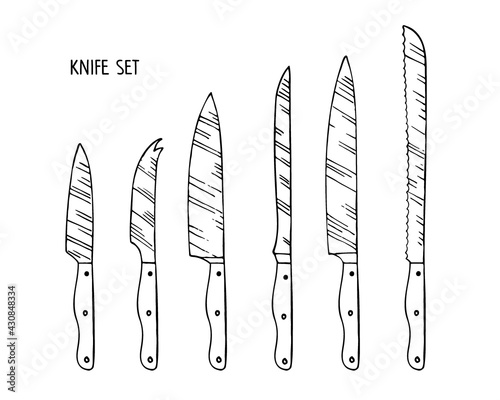 Universal kitchen knife isolated on white background. Stainless steel kitchen knife for cutting different products sketch. Household utensils and cutlery. One of knives collection. 