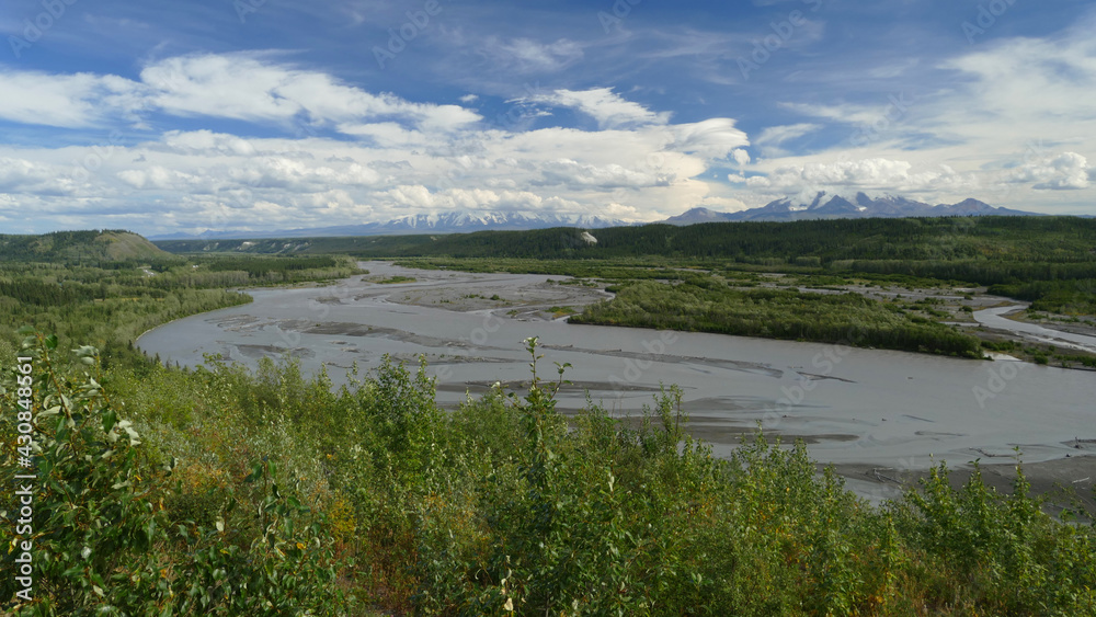 Alaska panoramic landscape with vast wilderness, river and mountains, Alaska, United States
