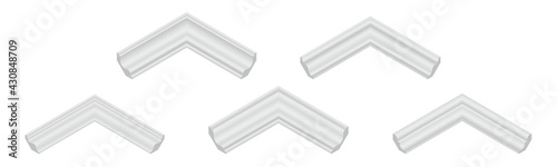Vector illustration different shapes skirting boards for wall or floor isolated on white background. Set of realistic white baseboard icons in flat cartoon style. Isometric plastic or wood moldings.