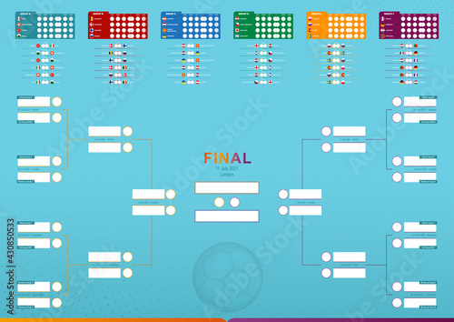 Match Schedule of European Football Competition, all matches, time and place. European flags of the participants of the football tournament.