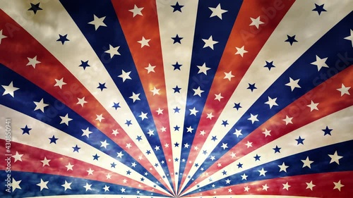 Rotation of stars with sunbeams. Star background. Red, white, blue. America. 4 th july. Independence Day. USA. Animated patriotic background. Seamless looping animation footage. Vintage.