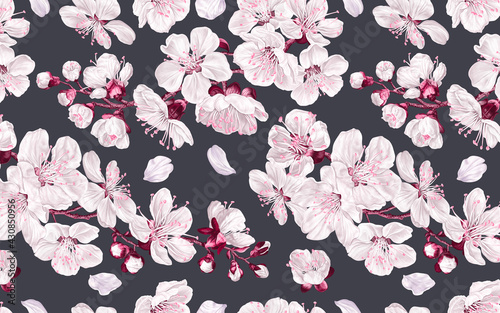 Seamless pattern spring flowers fruit trees on dark background. Apricot flowers, pink with white sakura. Realistic, vector plants for fabric, prints, gift cards, desktop wallpaper for the computer.