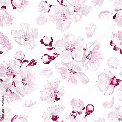 Seamless pattern spring flowers of fruit trees on light background. Flowers of apricot, cherry, pear, apple, peach, pink and white sakura. Realistic, vector plants for fabric, prints, poster, cards.
