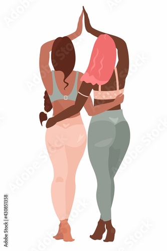 Best friends forever. Homosexual multiracial lesbian couple. Women embracing each other, expressing love, affection, support. Vector flat cartoon illustration for friendship, strong relations.