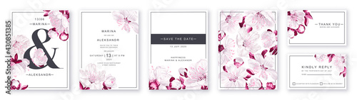 Botanical wedding invitation card. Template design with sakura flowers, cherry blossom. Modern, realistic style, hand-drawn illustration. Save the Date and RSVP collection in EPS vector format.