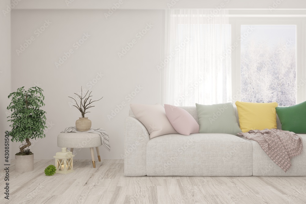Fototapeta premium White living room with sofa. Scandinavian interior design. 3D illustration