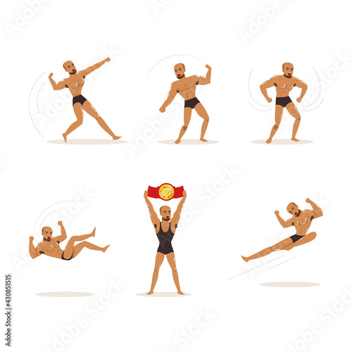 Freestyle Wrestling Fighter In Black Underwear Engaged in Violent Fight Vector Set