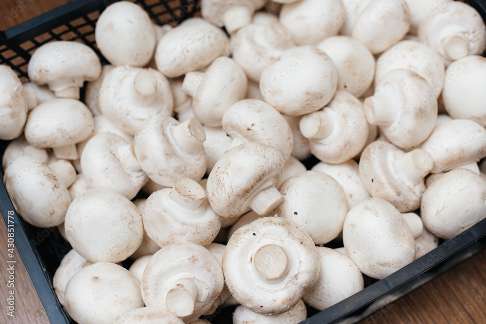 Ripe fresh mushrooms in a box in the warehouse after assembling a close-up. Ripe fresh mushrooms in a box in the warehouse after assembling a close-up.