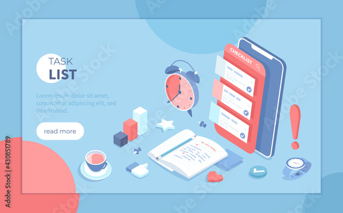 Checklist on smartphone screen. Task manager app. List of purchases, tasks, plans, to do, wish list. Isometric vector illustration for banner, website.