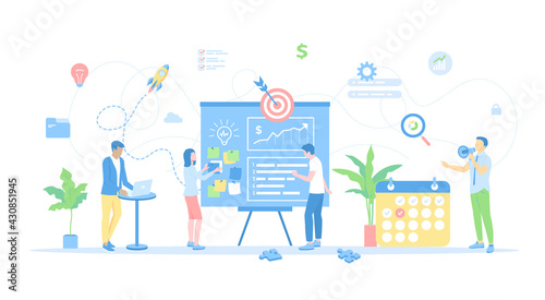 Business planning, management, organization, success strategy. People work together making a plan on a board, mark tasks, track execution of tasks. Vector illustration flat style.