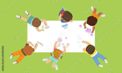Little Girl and Boy Lying on the Floor and Drawing on White Paper Above View Vector Illustration