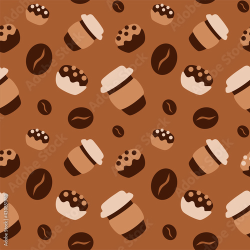 coffee take away seamless pattern with cup of coffee to go  cupcakes and coffee beans hand drawn simple doodle style vector