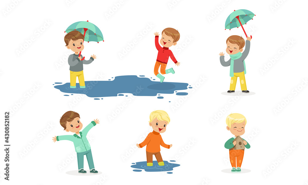 Smiling Little Children Splashing in Puddle Walking in Wet Rainy Day Vector Set