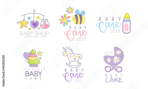 Baby Care Logo Design as Store or Shop Mark Vector Set