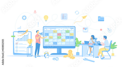 Time Management Planning Schedule. Organization of working time. A business team distributed priority tasks for success project. Vector illustration flat style.