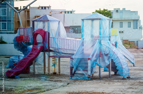 Playground Wrapped with foil, cellophane. New playground protected from the weather