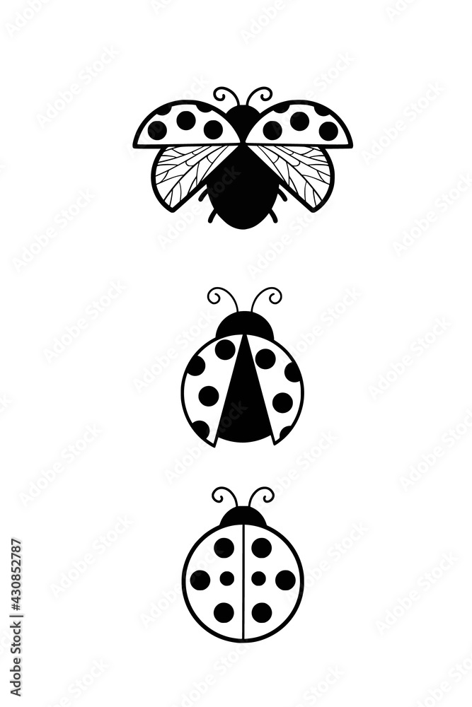 Set ladybug, Flying ladybug, black polka dots summer, simple black and
