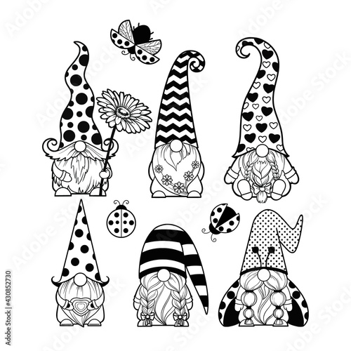 Set gnomes love, gnome ladybug, gnome with chamomile in hands Flying ladybug, black polka dots Gnome summer cartoon characters dwarves vector linear art for printing greeting cards and coloring books