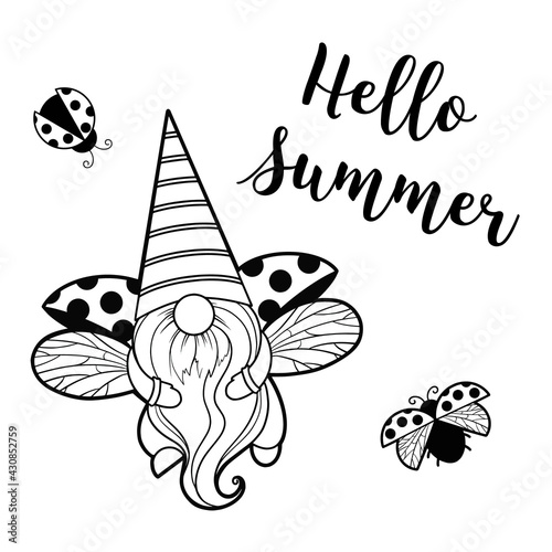 gnome ladybug, gnomes love, quote hello summer Flying ladybug, black polka dots Gnome summer cartoon characters dwarves vector linear art for printing greeting cards and coloring books