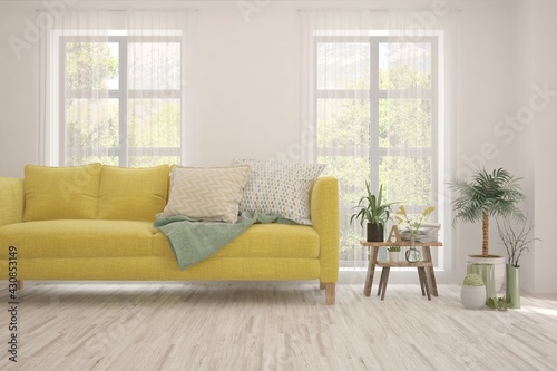 White living room with yellow sofa. Scandinavian interior design. 3D illustration