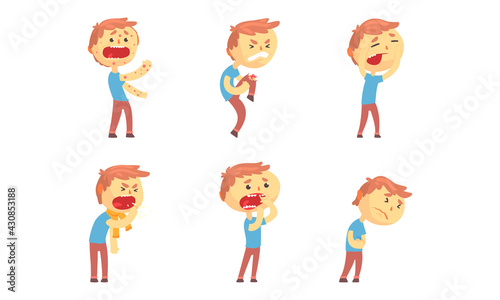 Sick Children Feeling Unwell Suffering From Illness Or Injury Needing Healthcare and Medical Help Vector Set