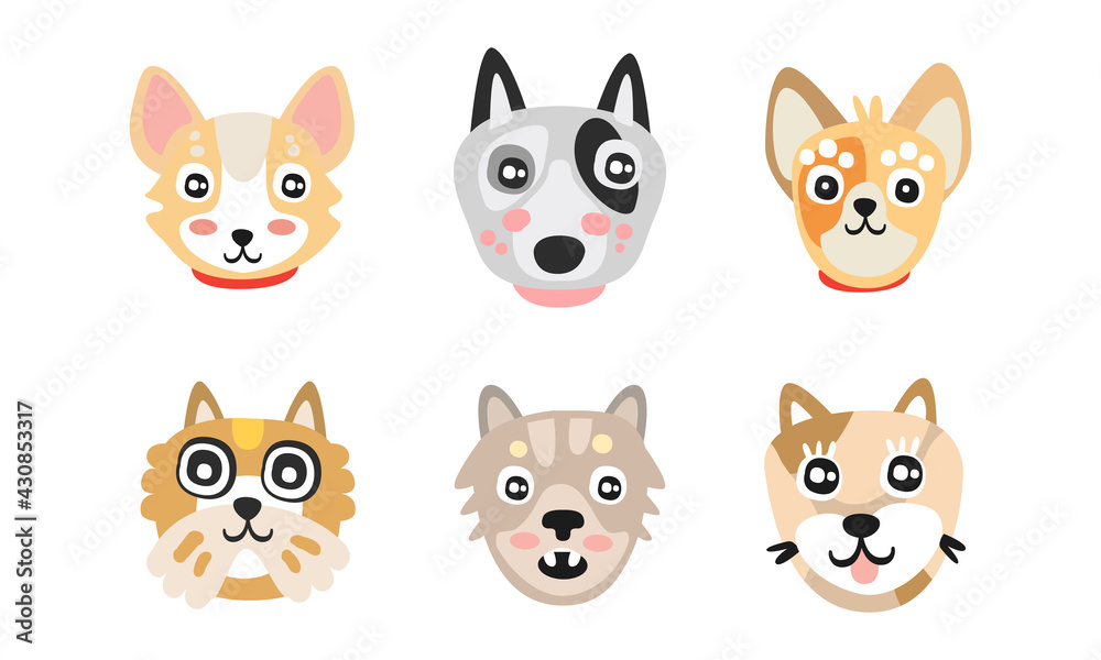 Different Dog Muzzle and Heads with Pointed Ears Vector Set