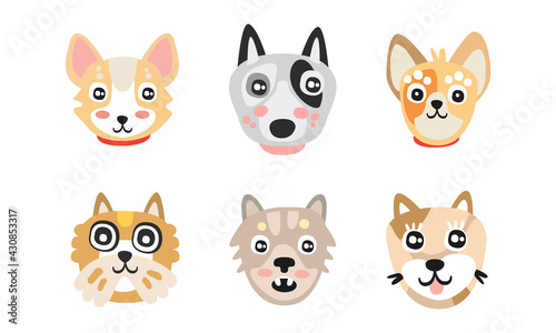 Different Dog Muzzle and Heads with Pointed Ears Vector Set