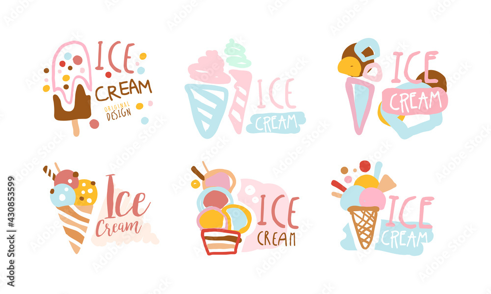 Ice Cream Original Design with Frozen Dessert in Waffle Cone and on Stick Vector Set Ice Cream Original Design with Frozen Dessert in Waffle Cone and on Stick Vector Set