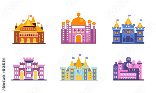 Fairy Castle and Fortress with Flags on Towers Vector Set