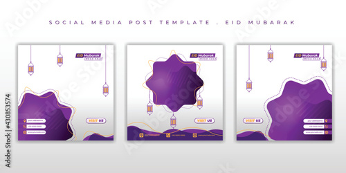Set of social media post template with purple design. Eid Mubarak background design