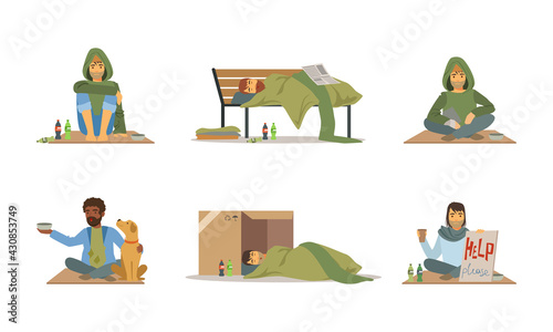 Homeless People Characters Living on the Streets Looking Hungry and Dirty Vector Set