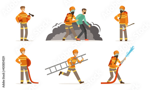 Man Fire Fighter in Uniform Carrying Ladder and Spraying Water from Hose Vector Set
