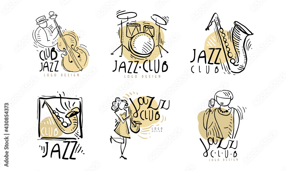 Jazz Club Logo Design with Musical Instrument Vector Set