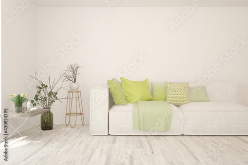 Modern living room in white color with sofa. Scandinavian interior design. 3D illustration