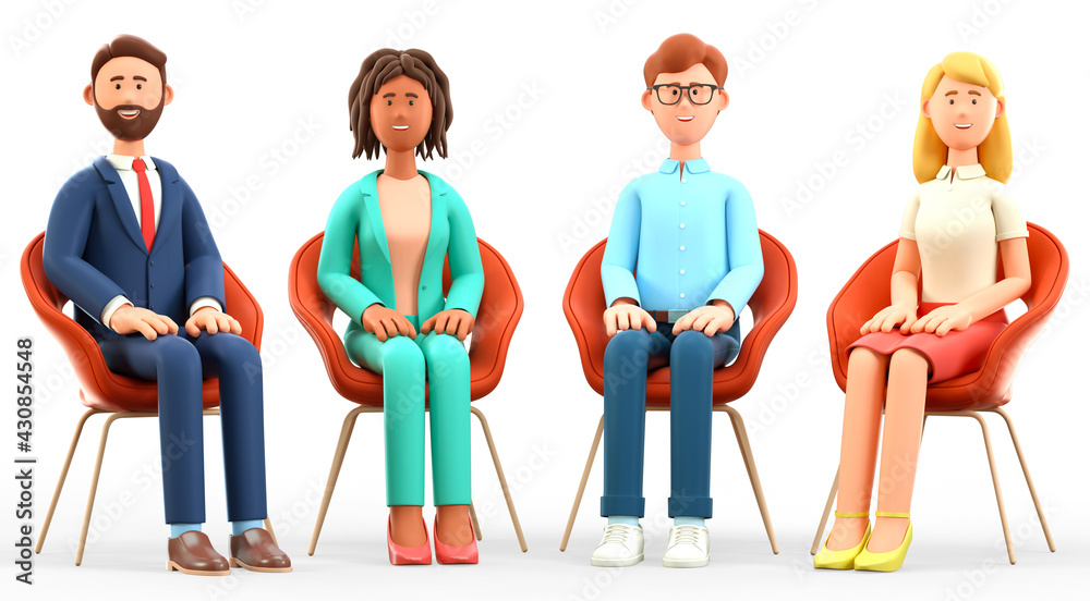 custom made wallpaper toronto digital3D illustration of business team meeting. Happy multicultural people characters with their hands on their knees, sitting in chairs. Teamwork, group therapy, discussion and support session.