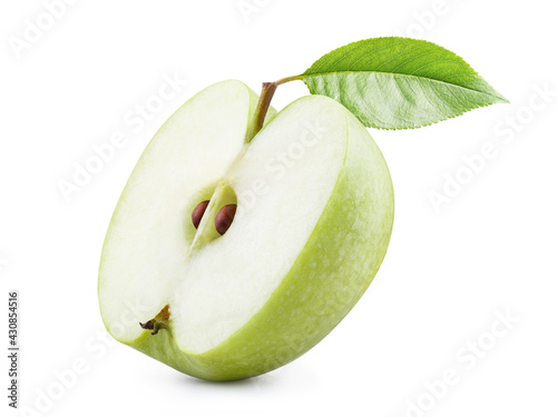 Delicious green apple half, isolated on white background
