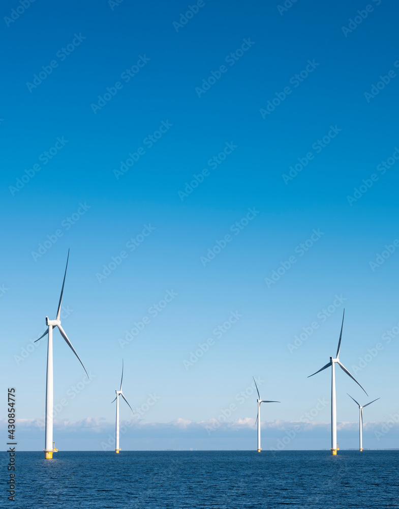 wind turbines in water of ijsselmeer near Urk in dutch part of noordoostpolder