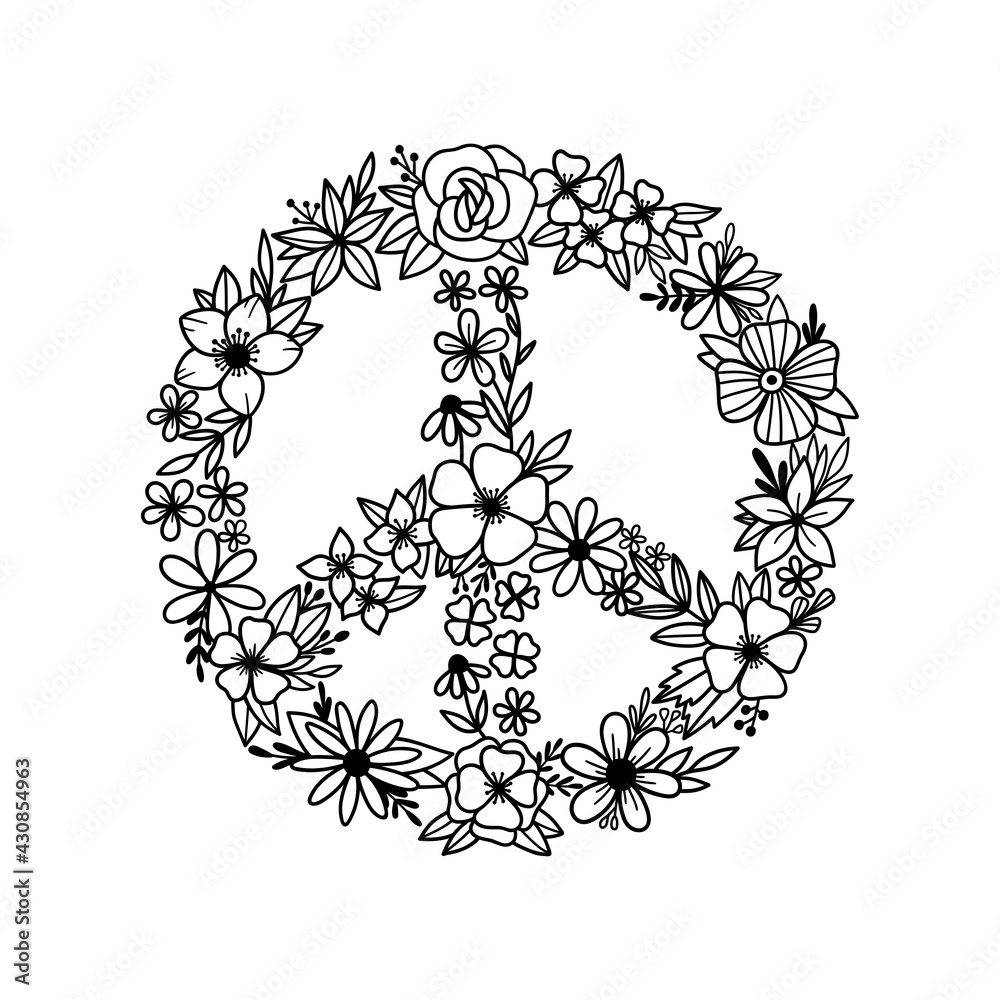 Floral peace symbol. Peace sign. Wildflowers in the shape of a symbol of peace. Peace symbol