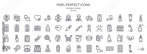 Medical, healthcare and pharmacy related editable stroke outline icons set isolated on white background flat vector illustration. Pixel perfect. 64 x 64.