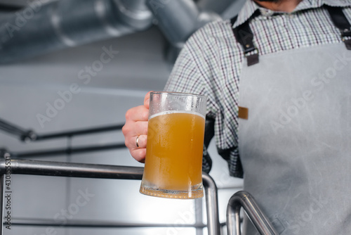 A young bearded brewer conducts quality control of freshly brewed beer in the brewery.