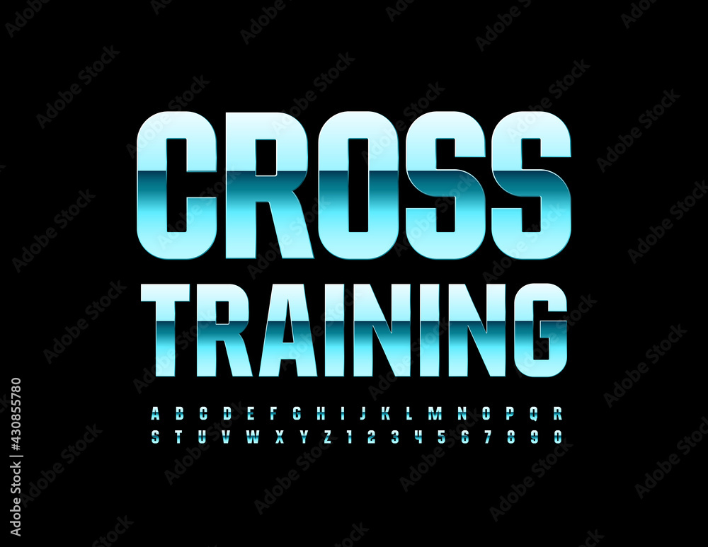 Vector bright Emblem Cross Training. Modern Metal Font. Artistic Alphabet Letters and Numbers set Vector bright Emblem Cross Training. Modern Metal Font. Artistic Alphabet Letters and Numbers set