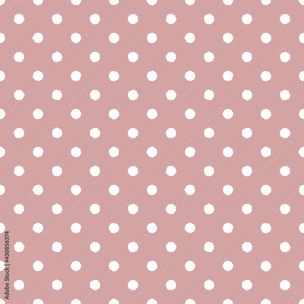 Dusty pink and white seamless polka dot pattern, vector illustration. Seamless pattern with white rough circles on pink. Abstract geometric background. Simple design for paper, textile print