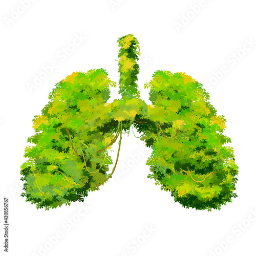 Human lungs made up by bright green lushy bushes, creative ecology concept on white