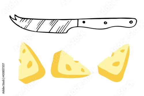 Cheese knife and pieces of cheese isolated sketch on white background. Stainless steel kitchen knife for cheese. Special blade for cutting. Household utensils and cutlery.