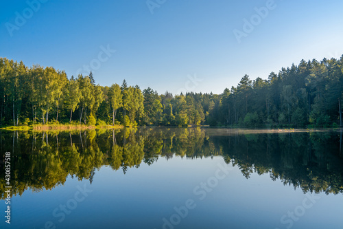 reflection of forest and sky in the lake