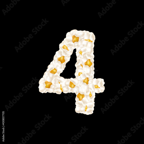 The digit 4 made up of airy popcorn. Vector illustration.