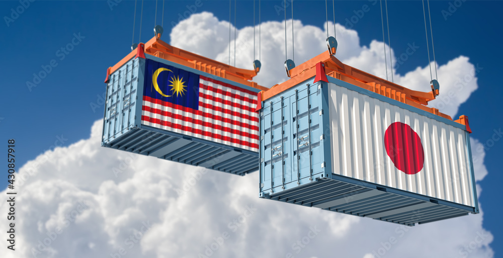 Freight containers with Malaysia and Japan national flags. 3D Rendering Freight containers with Malaysia and Japan national flags. 3D Rendering